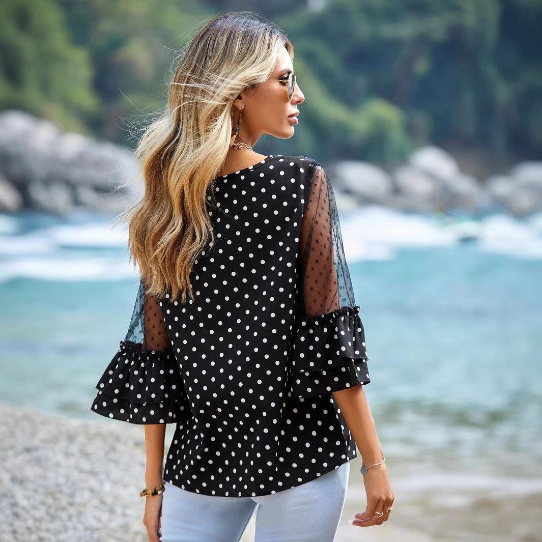Women’s Chic Polka Dot Lace Patchwork Top – Elegant & Playful