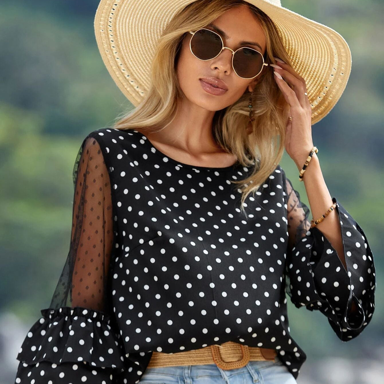 Women’s Chic Polka Dot Lace Patchwork Top – Elegant & Playful
