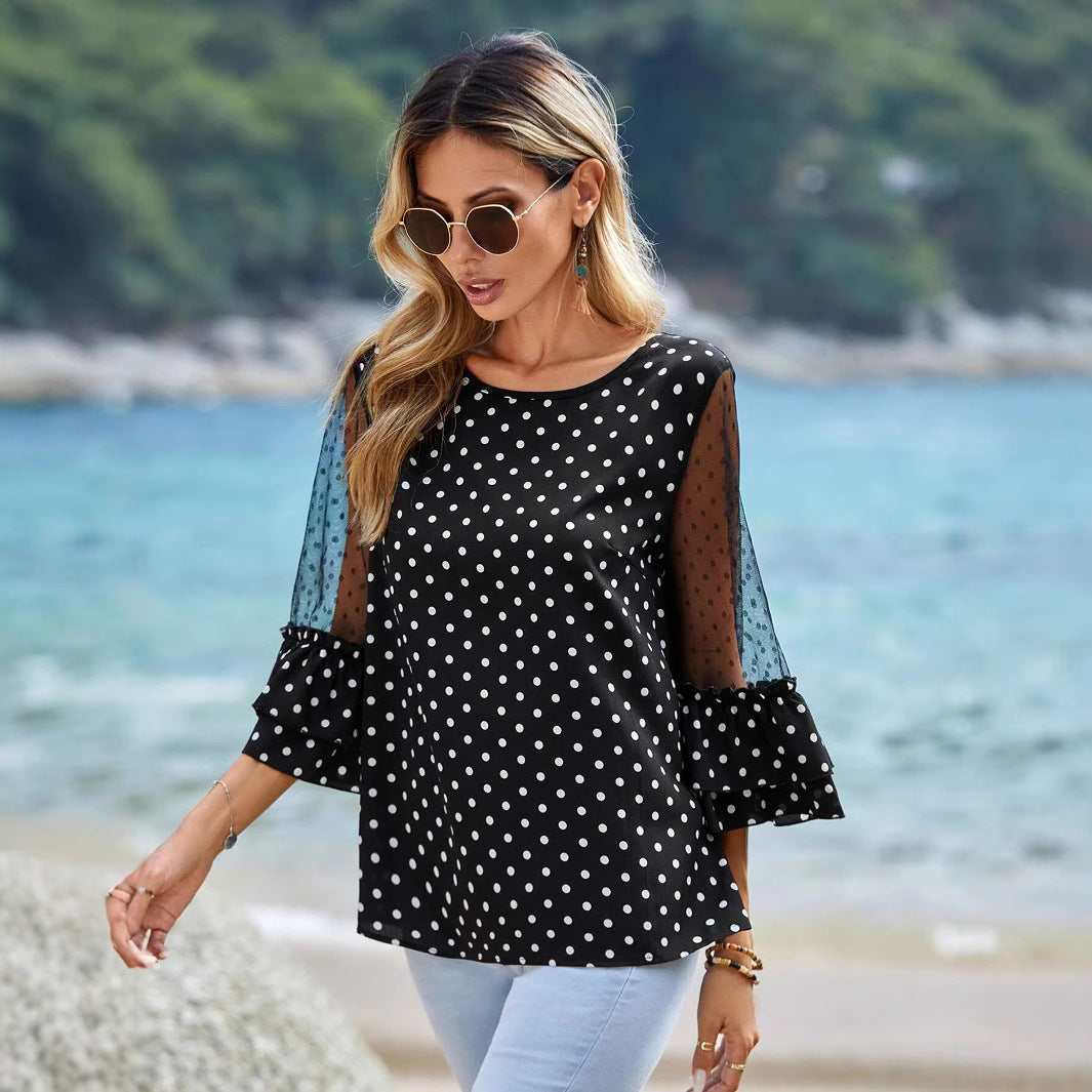 Women’s Chic Polka Dot Lace Patchwork Top – Elegant & Playful