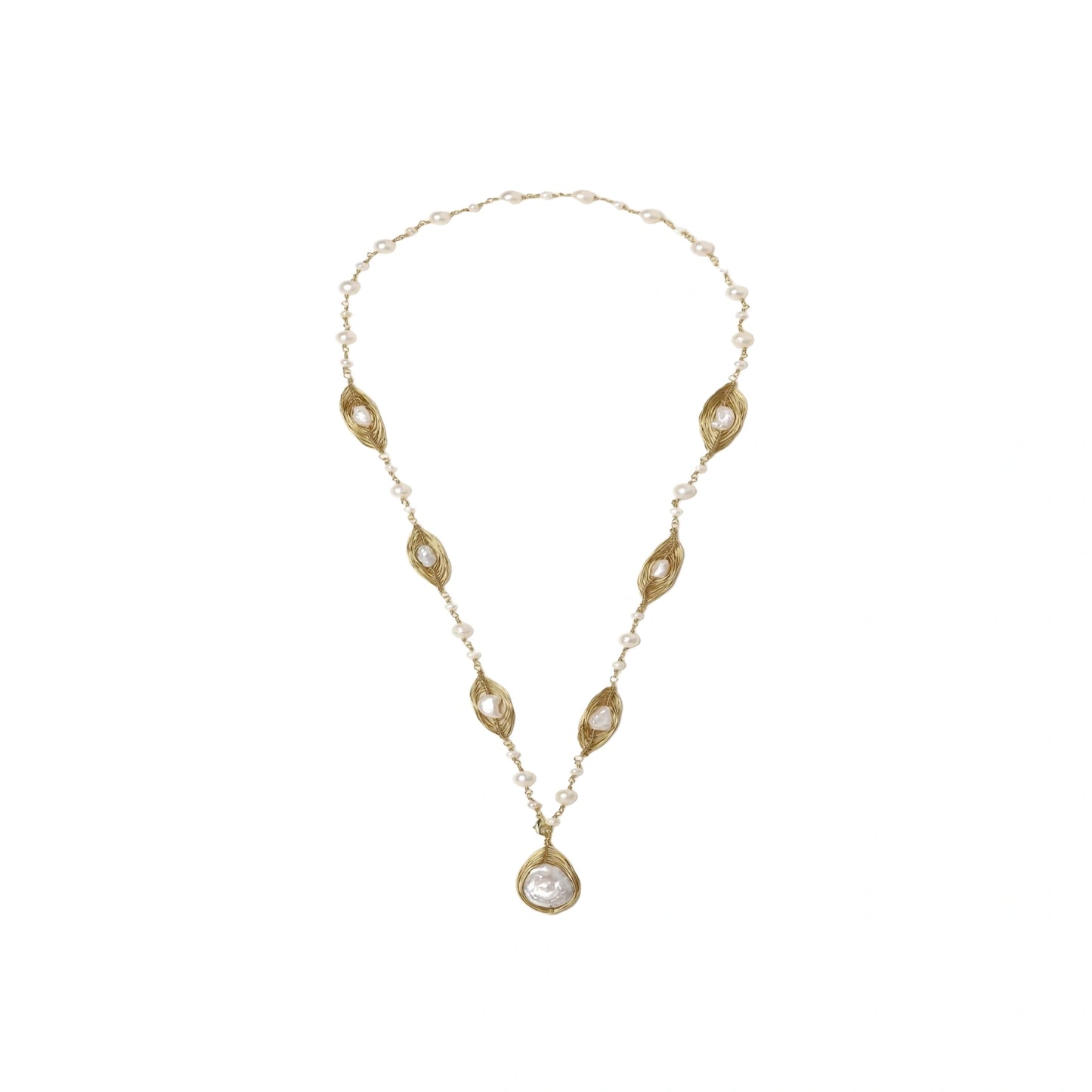 14K gold plated necklace with organic leaf motifs and freshwater pearls arranged in an elegant chain design on neutral background.