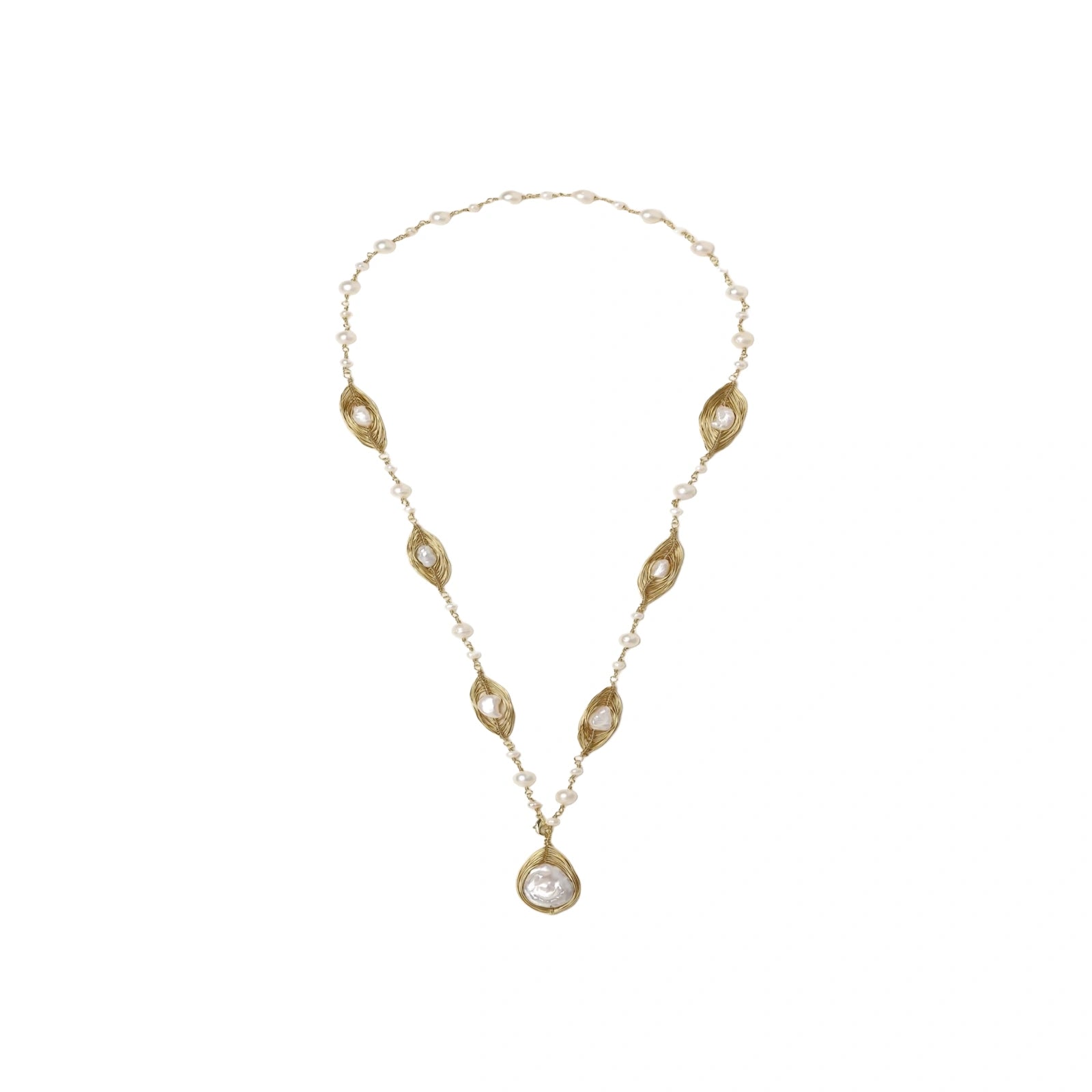 14K gold plated necklace with organic leaf motifs and freshwater pearls arranged in an elegant chain design on neutral background.