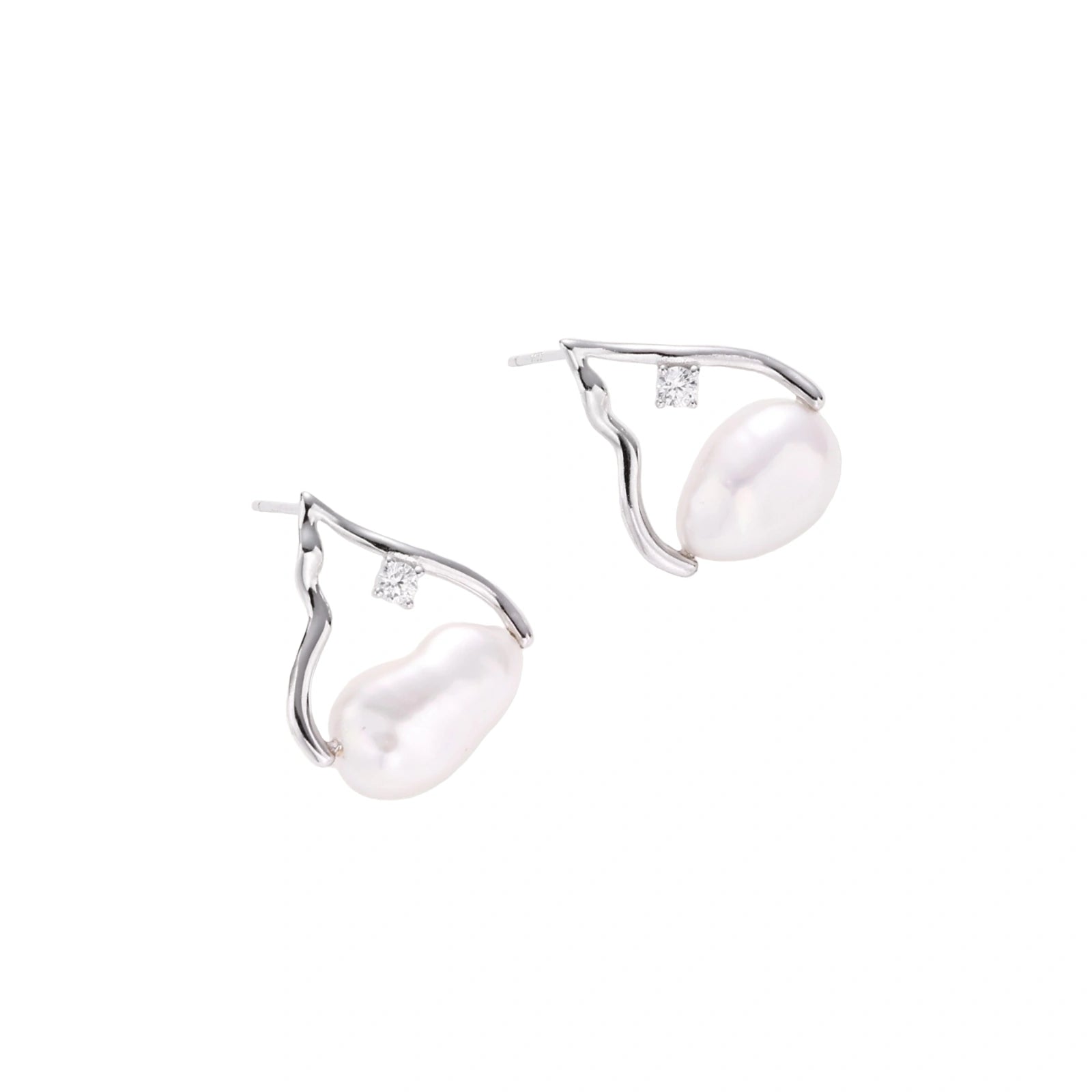 Silver mountain outline studs with baroque pearl and diamond accent on white background