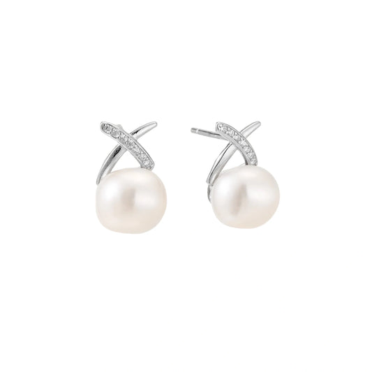 Rhodium-plated silver stud earrings with sparkling X design above lustrous round freshwater pearls on white background.