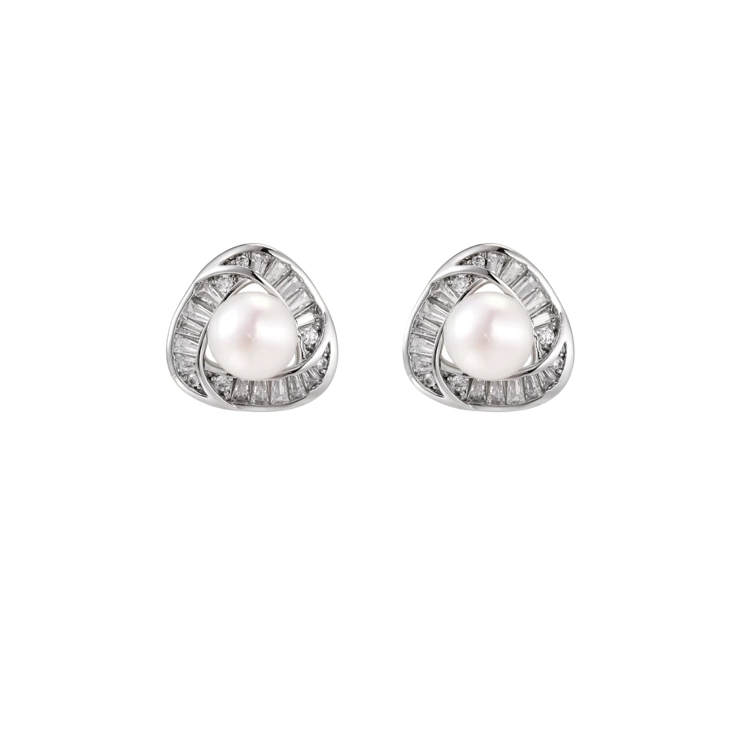 Triangular white gold plated stud earrings with central freshwater pearl and baguette-cut stones on white background