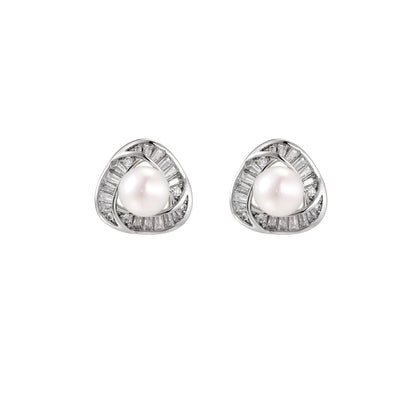 Triangular white gold plated stud earrings with central freshwater pearl and baguette-cut stones on white background