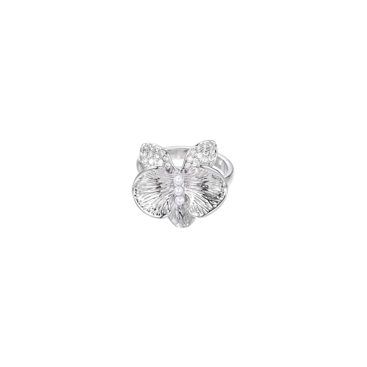 Silver-toned orchid ring with textured petals, pearl center accents, and sparkling zirconia stones on white background.