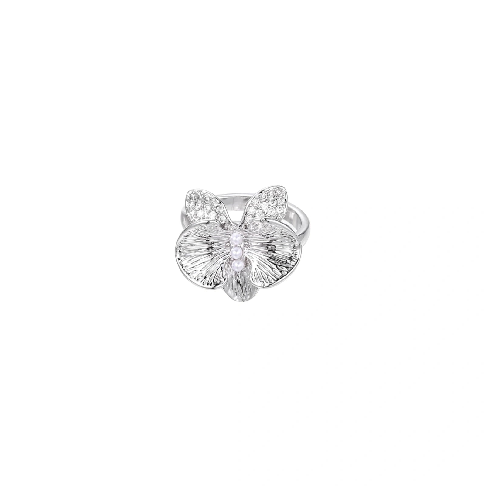 Silver-toned orchid ring with textured petals, pearl center accents, and sparkling zirconia stones on white background.