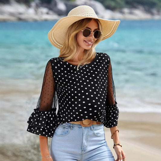 Women’s Chic Polka Dot Lace Patchwork Top – Elegant & Playful
