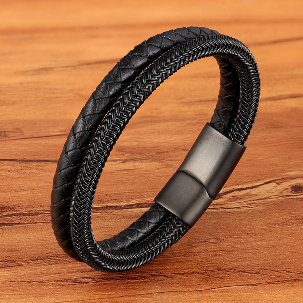 Men's Leather Bracelet Double Layer Black/Steel Buckle
