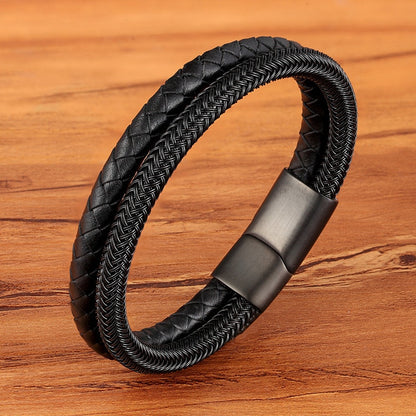 Men's Leather Bracelet Double Layer Black/Steel Buckle