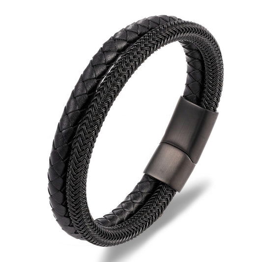 Men's Leather Bracelet Double Layer Black/Steel Buckle