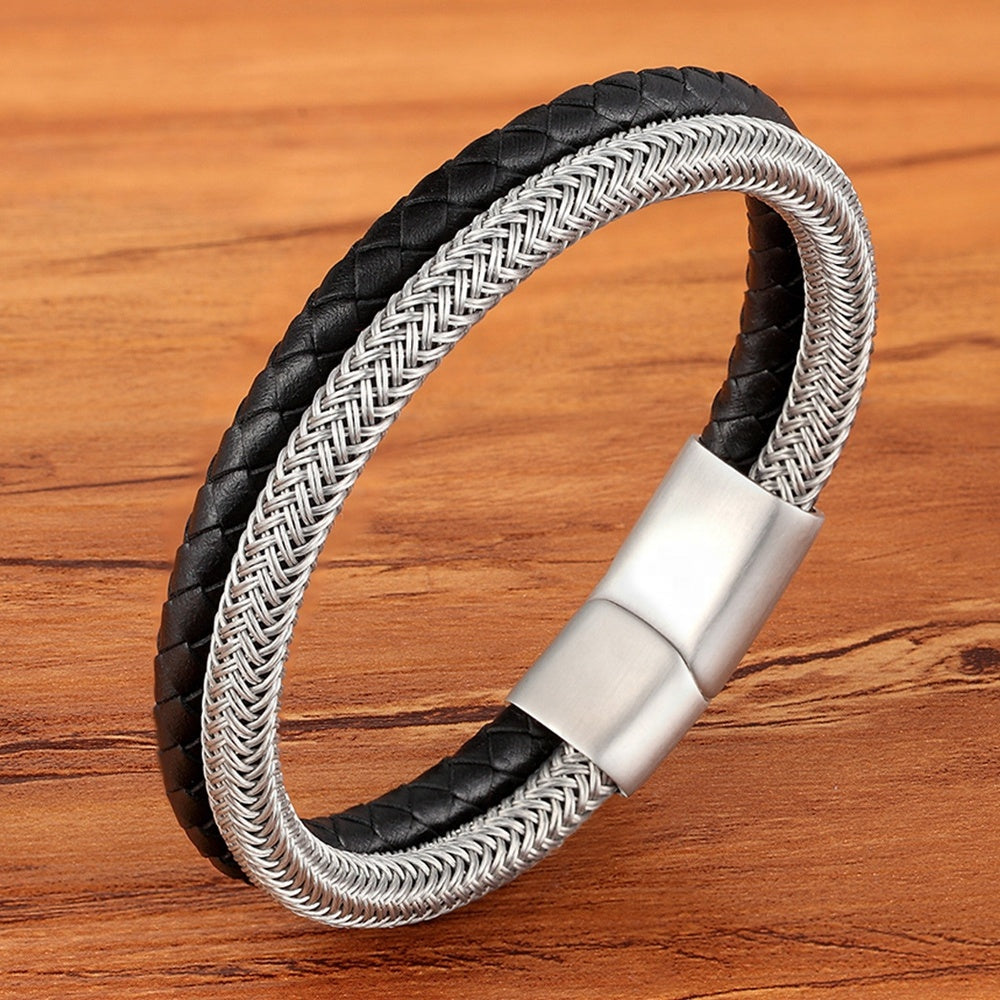 Men's Leather Bracelet Double Layer Black/Steel Buckle