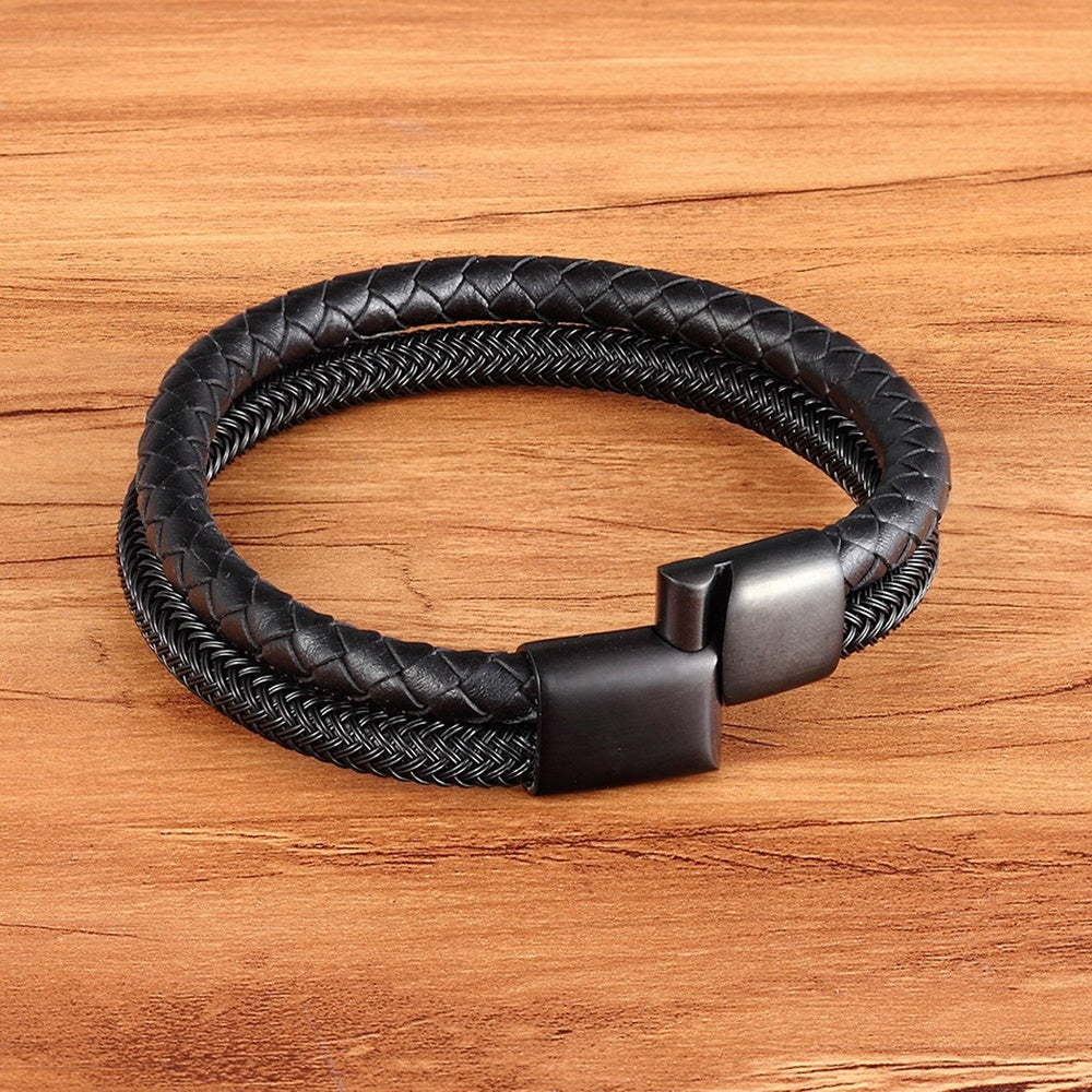 Men's Leather Bracelet Double Layer Black/Steel Buckle