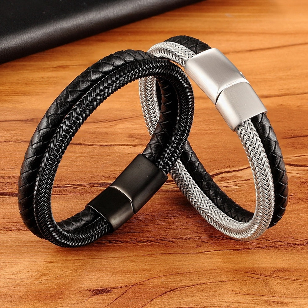 Men's Leather Bracelet Double Layer Black/Steel Buckle