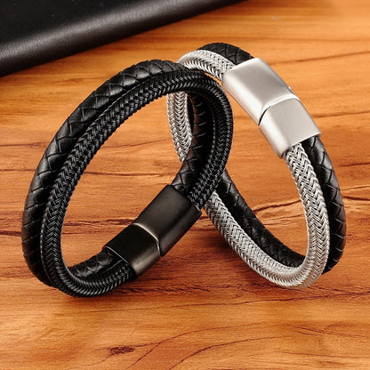 Men's Leather Bracelet Double Layer Black/Steel Buckle