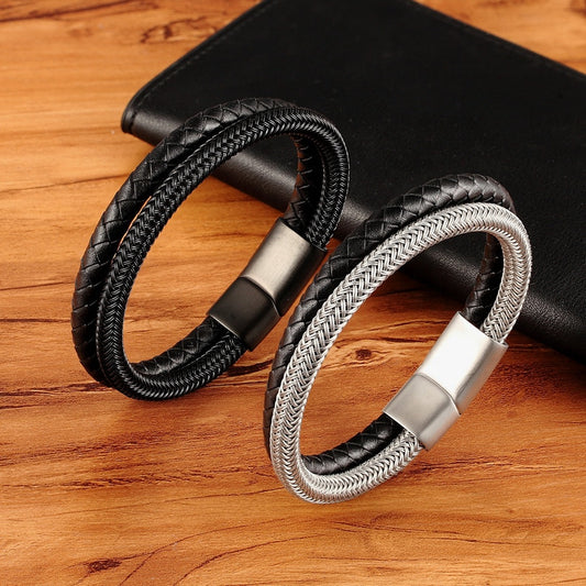 Men's Leather Bracelet Double Layer Black/Steel Buckle