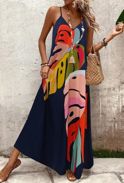 Women’s Vibrant Leaf Print Maxi Dress – Effortless Elegance & Comfort