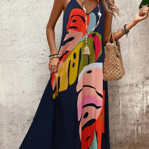 Women’s Vibrant Leaf Print Maxi Dress – Effortless Elegance & Comfort